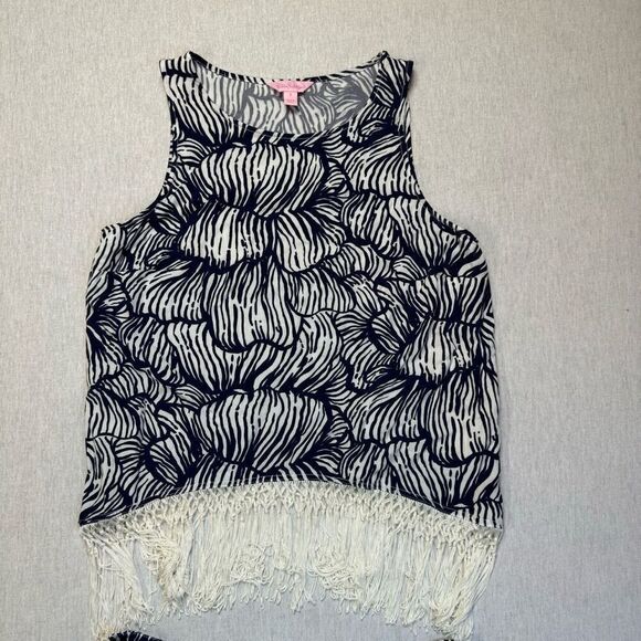 Lilly Pulitzer Sonya Fringe Set Tank and Shorts Navy Blue Palm Fringe Sz 2 - Picture 4 of 10